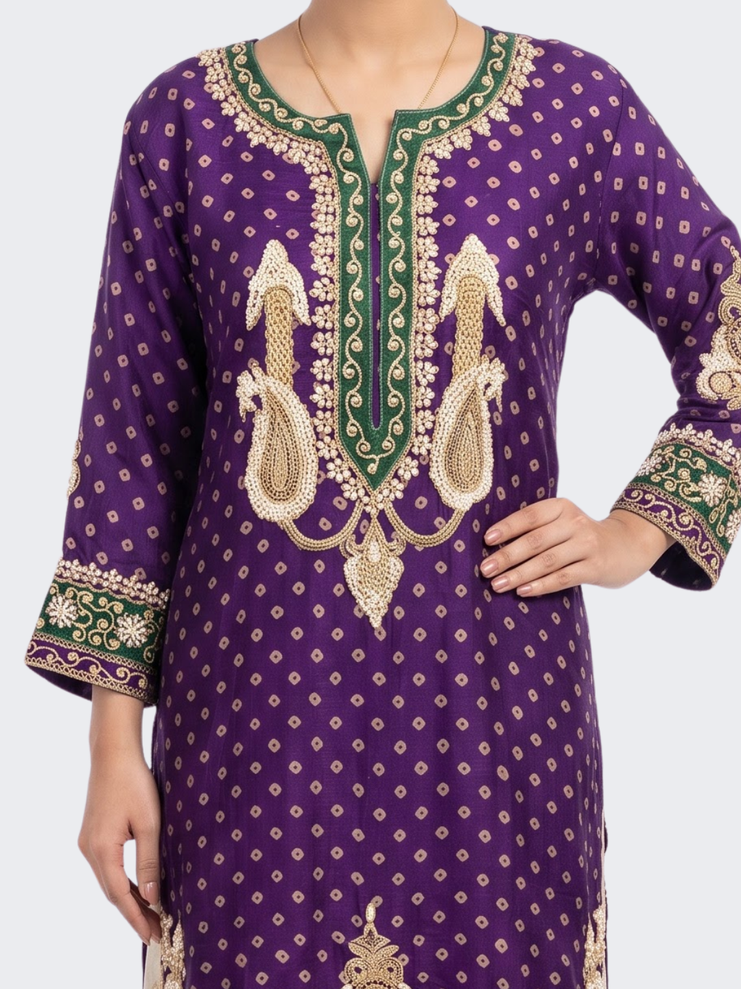 Purple Raw Silk Shirt, Palazzo And Dupatta with Cutdana, Pearl and French Knot Embroidery